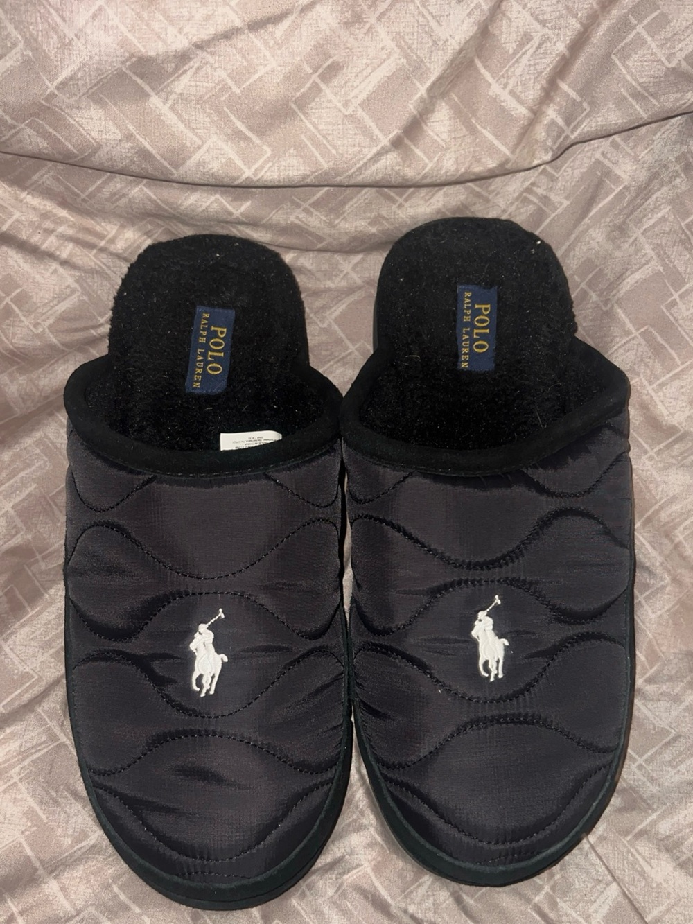 Polo by Ralph Lauren Black Quilted Slip-On Slippers with White Polo Logo